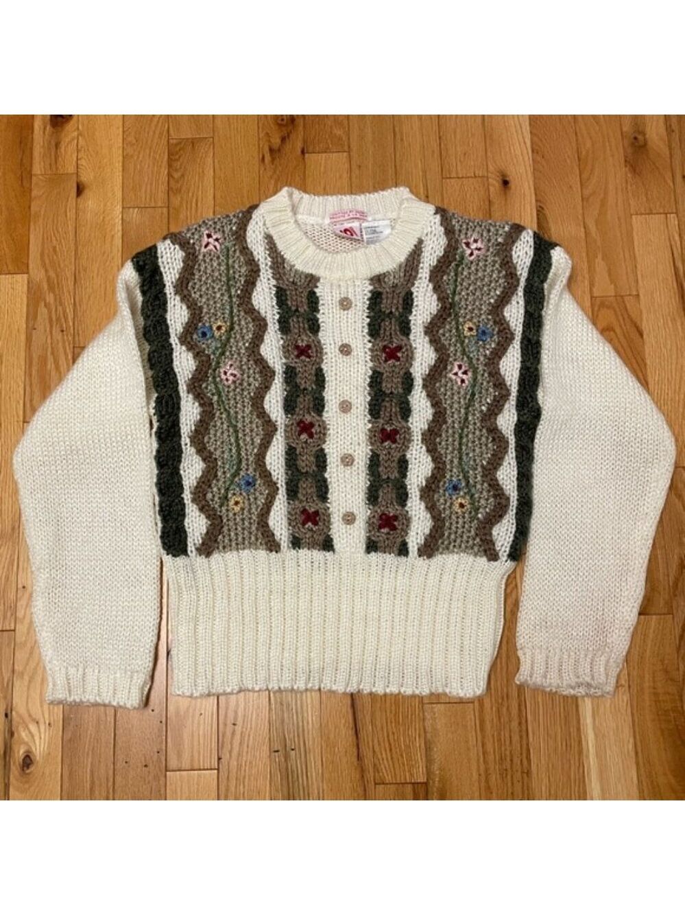 Vintage Knit No Boundaries Sweater Hand Knit Bows Floral Small Made in Korea